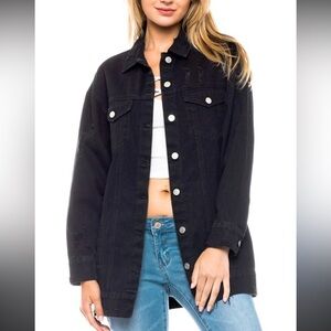 Oversized Black Denim Distressed Trucker Jacket  L
